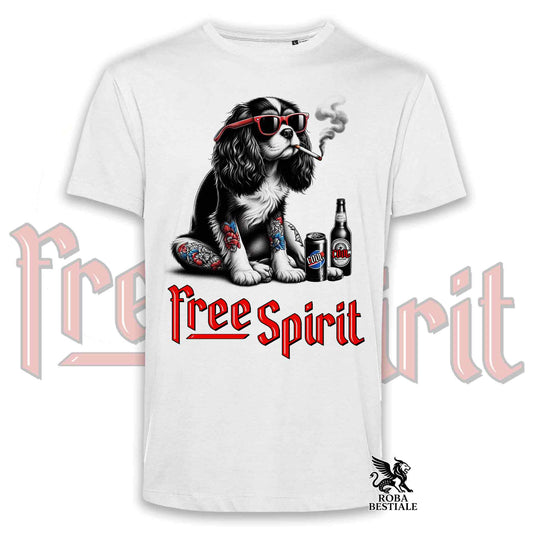 T-Shirt FREE SPIRIT - CAVALIER KING CHARLES SPANIEL - Bianca o Beige, da Uomo o da Donna - dalla XS alla 5XL