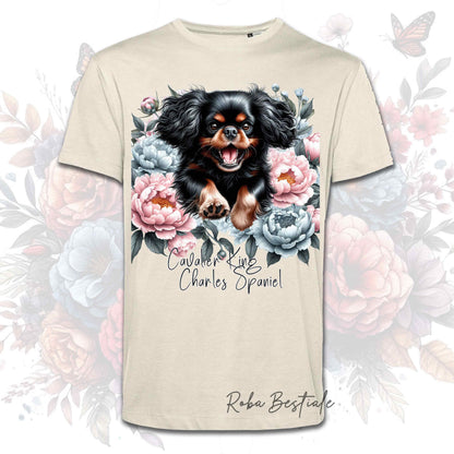 T-Shirt PEONY - CAVALIER KING CHARLES SPANIEL Black and Tan - Bianca o Beige, Uomo o Donna, dalla XS alla 5XL