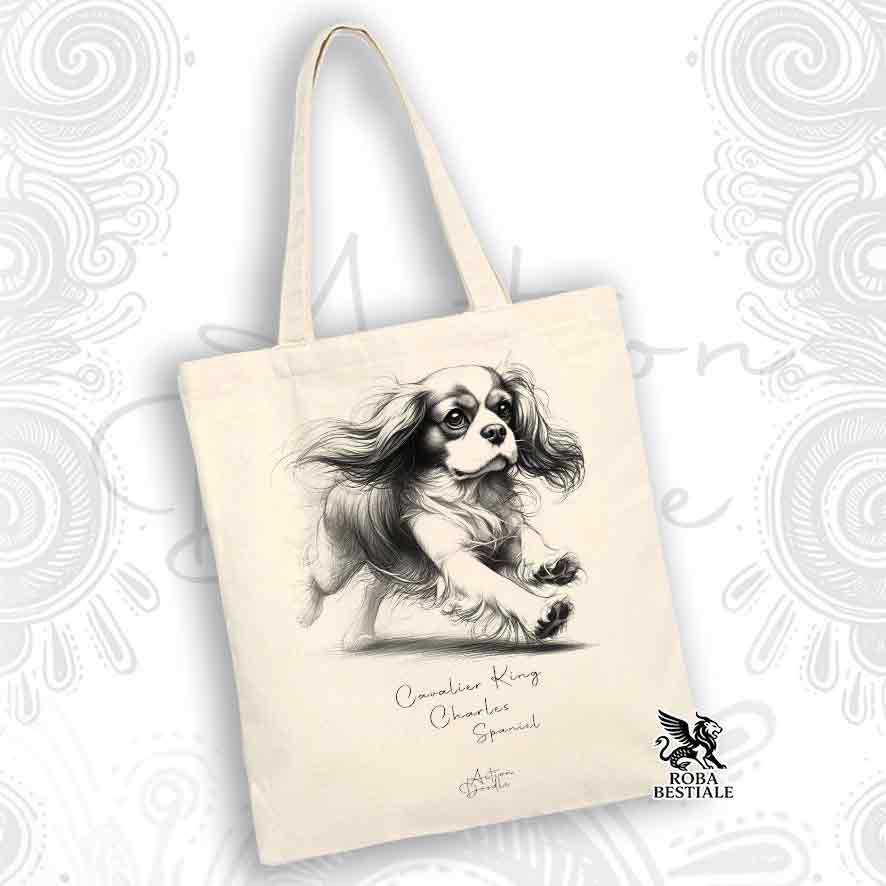Shopper ACTION DOODLE - CAVALIER KING CHARLES SPANIEL Blenheim - 100% Cotone - Bianca o Beige