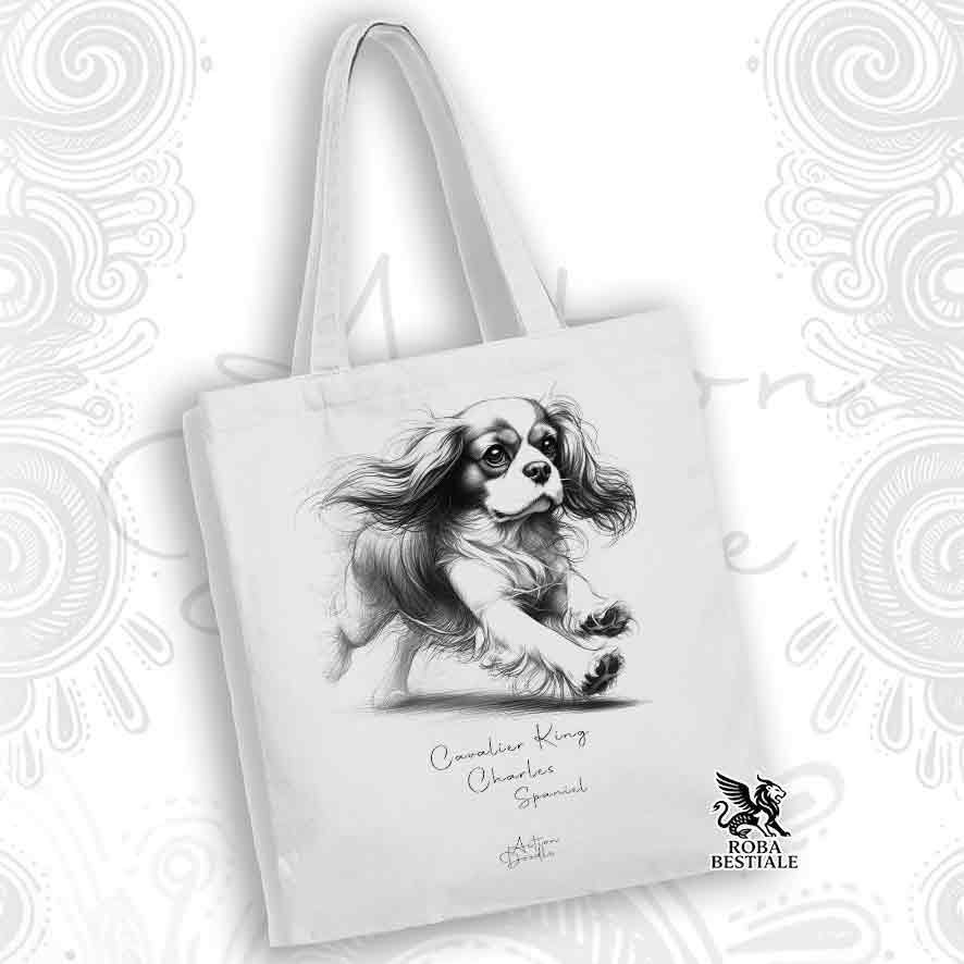 Shopper ACTION DOODLE - CAVALIER KING CHARLES SPANIEL Blenheim - 100% Cotone - Bianca o Beige