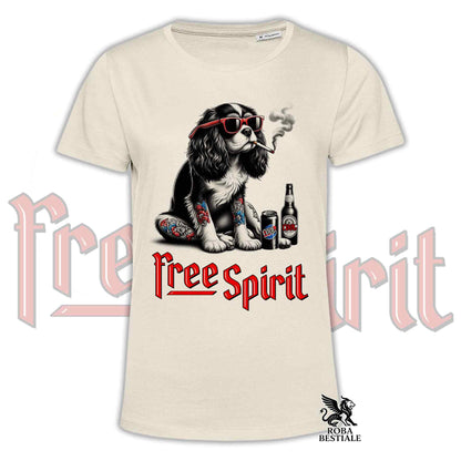 T-Shirt FREE SPIRIT - CAVALIER KING CHARLES SPANIEL - Bianca o Beige, da Uomo o da Donna - dalla XS alla 5XL