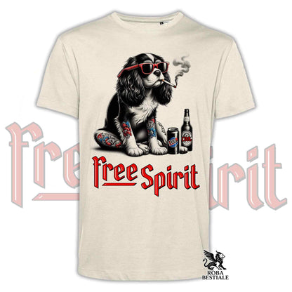 T-Shirt FREE SPIRIT - CAVALIER KING CHARLES SPANIEL - Bianca o Beige, da Uomo o da Donna - dalla XS alla 5XL