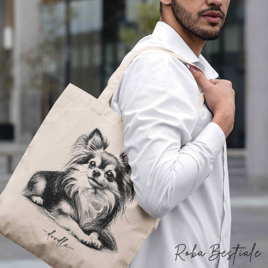 Shopper DOODLE Elegance - CHIHUAHUA a Pelo Lungo Bicolore - Diversi colori disponibili, 100% Cotone