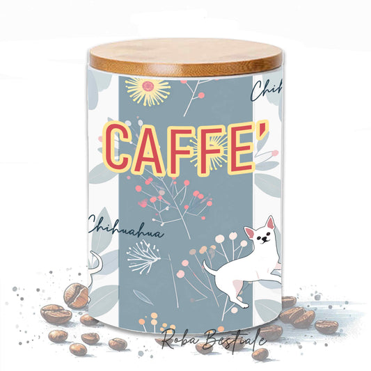 Barattolo CAFFE' - CHIHUAHUA a Pelo Corto Bianco - In Ceramica, Tappo in legno con guarnizione