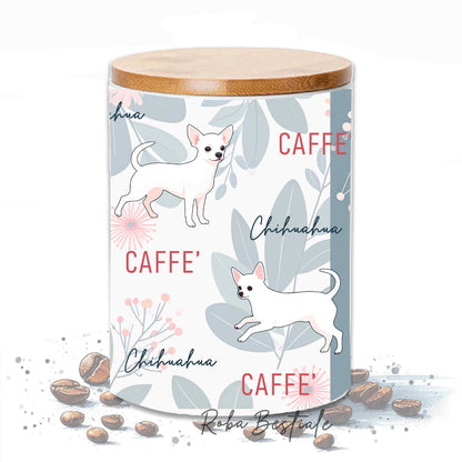 Barattolo CAFFE' - CHIHUAHUA a Pelo Corto Bianco - In Ceramica, Tappo in legno con guarnizione