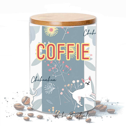Barattolo CAFFE' - CHIHUAHUA a Pelo Corto Bianco - In Ceramica, Tappo in legno con guarnizione