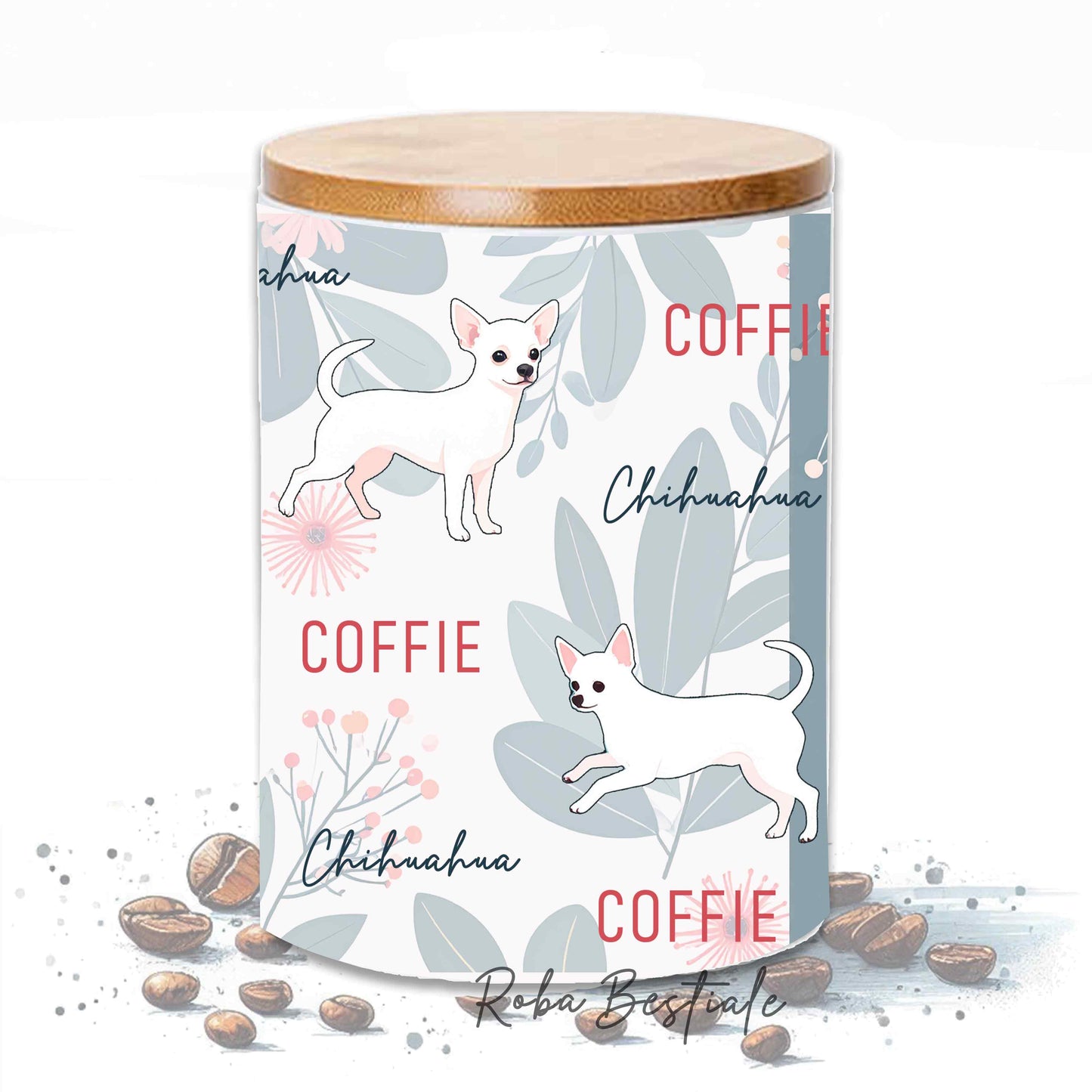 Barattolo CAFFE' - CHIHUAHUA a Pelo Corto Bianco - In Ceramica, Tappo in legno con guarnizione