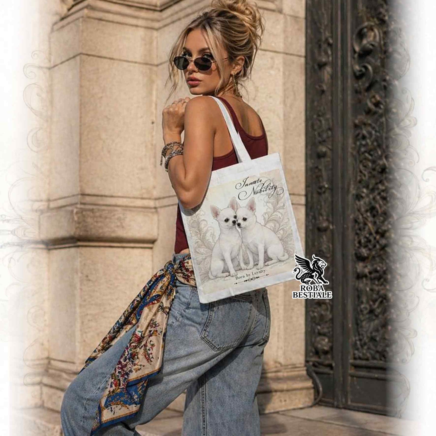 Tote Bag NOBILITY - CHIHUAHUA a Pelo Corto Bianco - 100% Cotone - Bianca o Beige