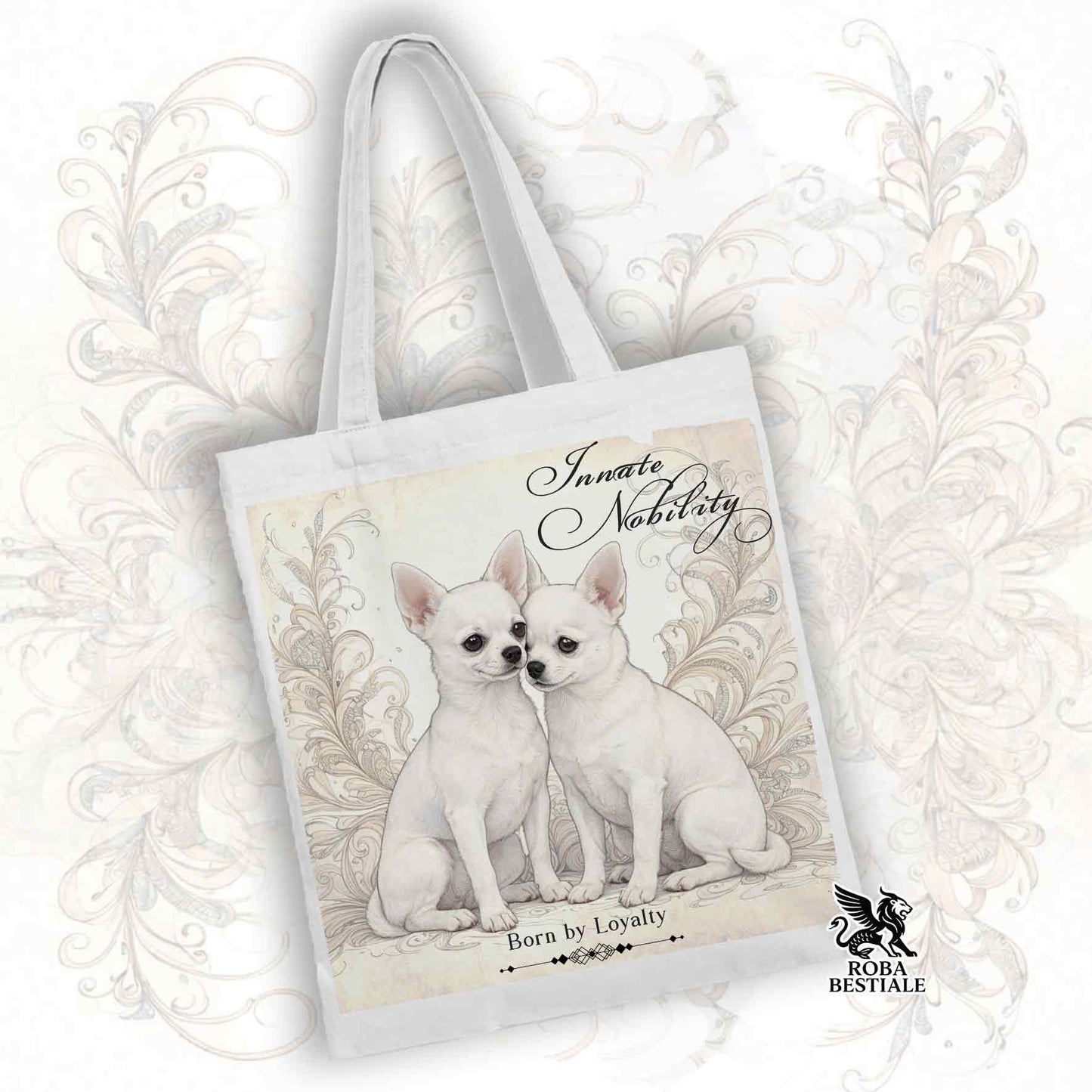 Tote Bag NOBILITY - CHIHUAHUA a Pelo Corto Bianco - 100% Cotone - Bianca o Beige