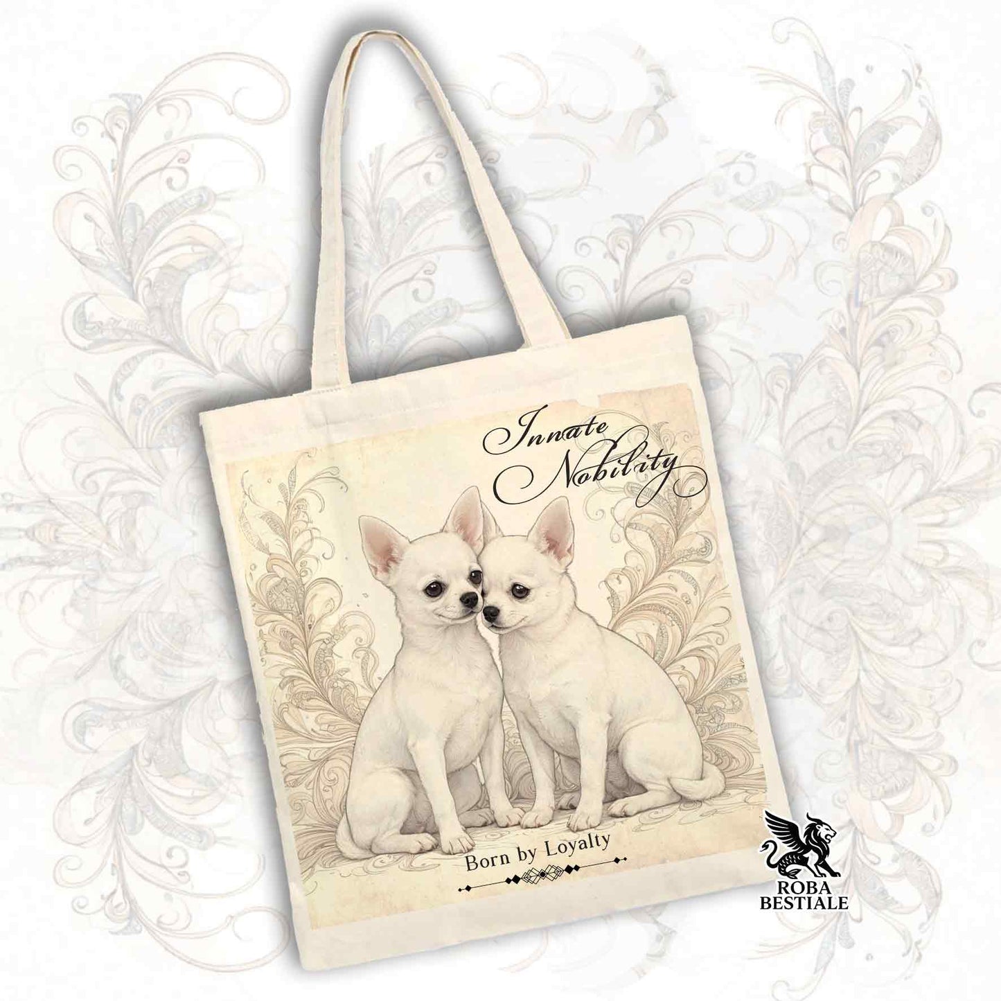 Tote Bag NOBILITY - CHIHUAHUA a Pelo Corto Bianco - 100% Cotone - Bianca o Beige