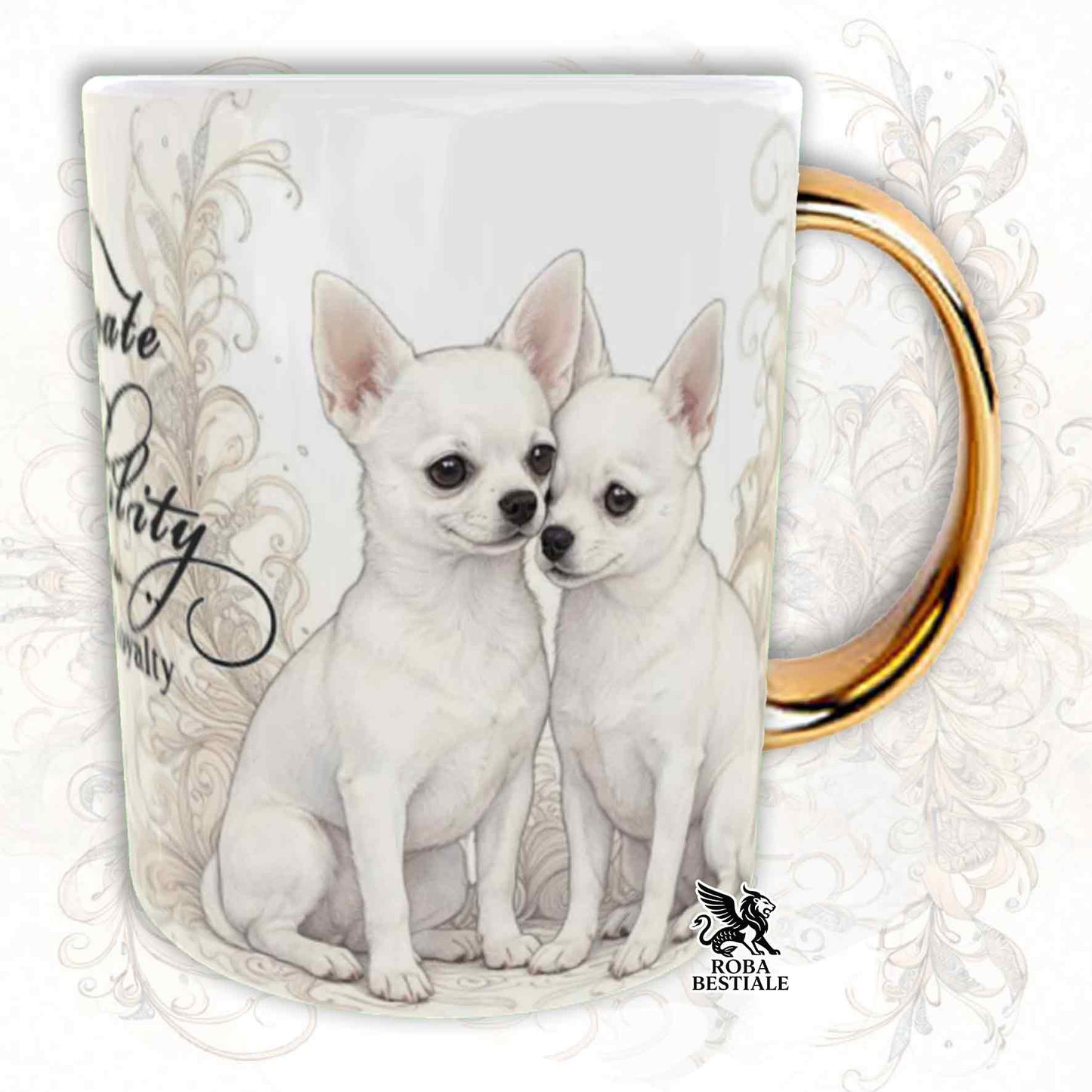 NOBILITY Mug - White Smooth-Haired CHIHUAHUA - GOLD Handle - 330 ml - Ceramic