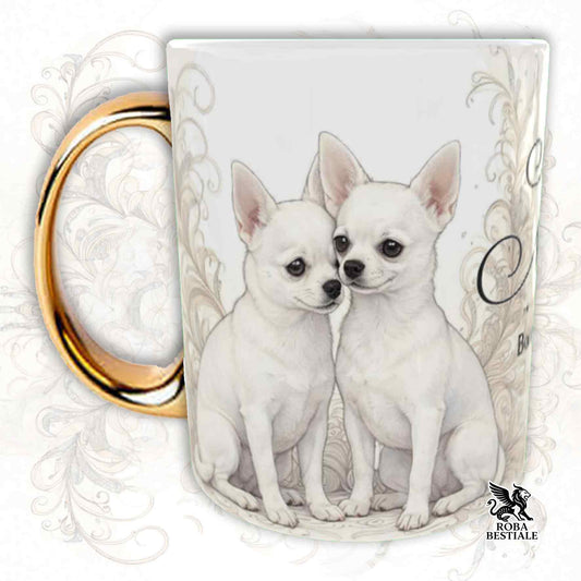 Tazza NOBILITY - CHIHUAHUA a Pelo Corto Bianco - Manico ORO - 330 ml - in Ceramica