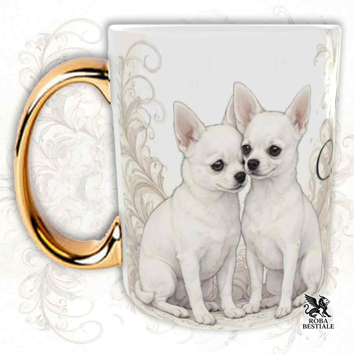 NOBILITY Mug - White Smooth-Haired CHIHUAHUA - GOLD Handle - 330 ml - Ceramic