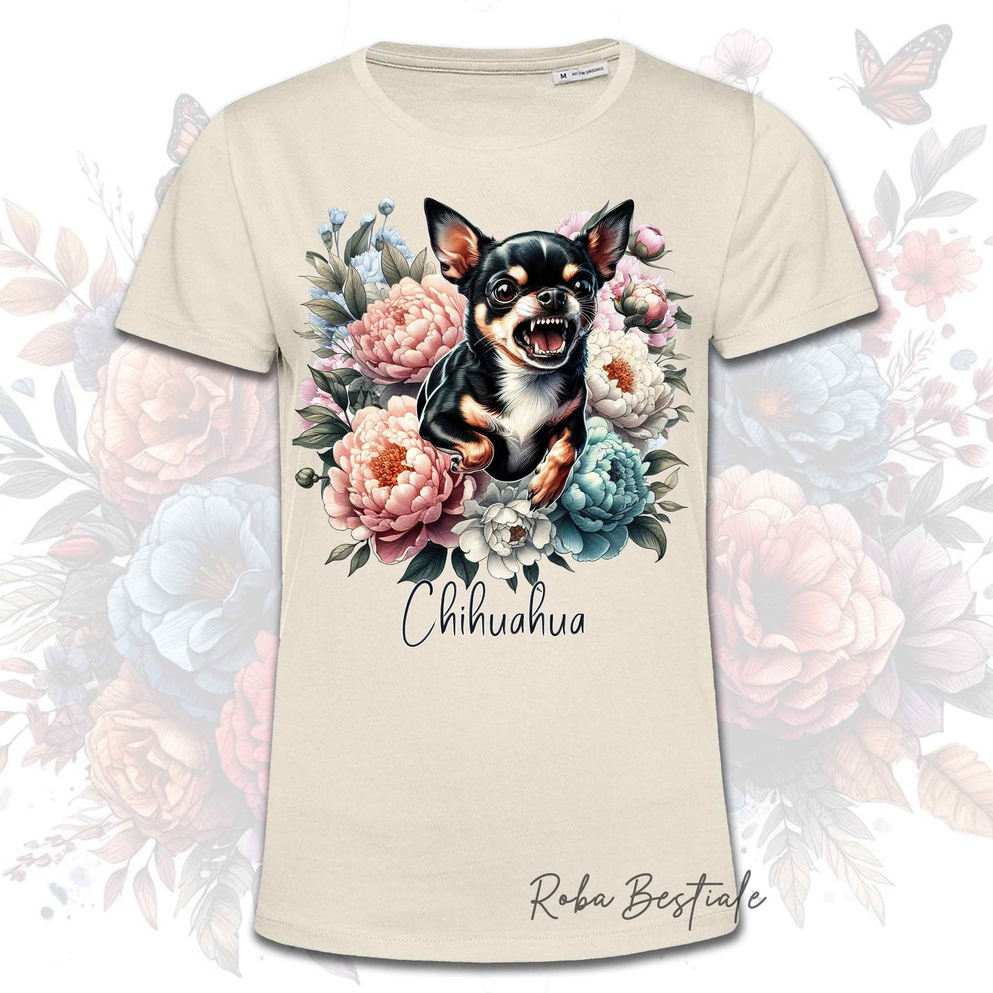 T-Shirt PEONY - CHIHUAHUA a Pelo Corto Tricolore - Bianca o Beige, Uomo o Donna, dalla XS alla 5XL