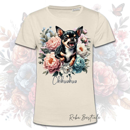 T-Shirt PEONY - CHIHUAHUA a Pelo Corto Tricolore - Bianca o Beige, Uomo o Donna, dalla XS alla 5XL