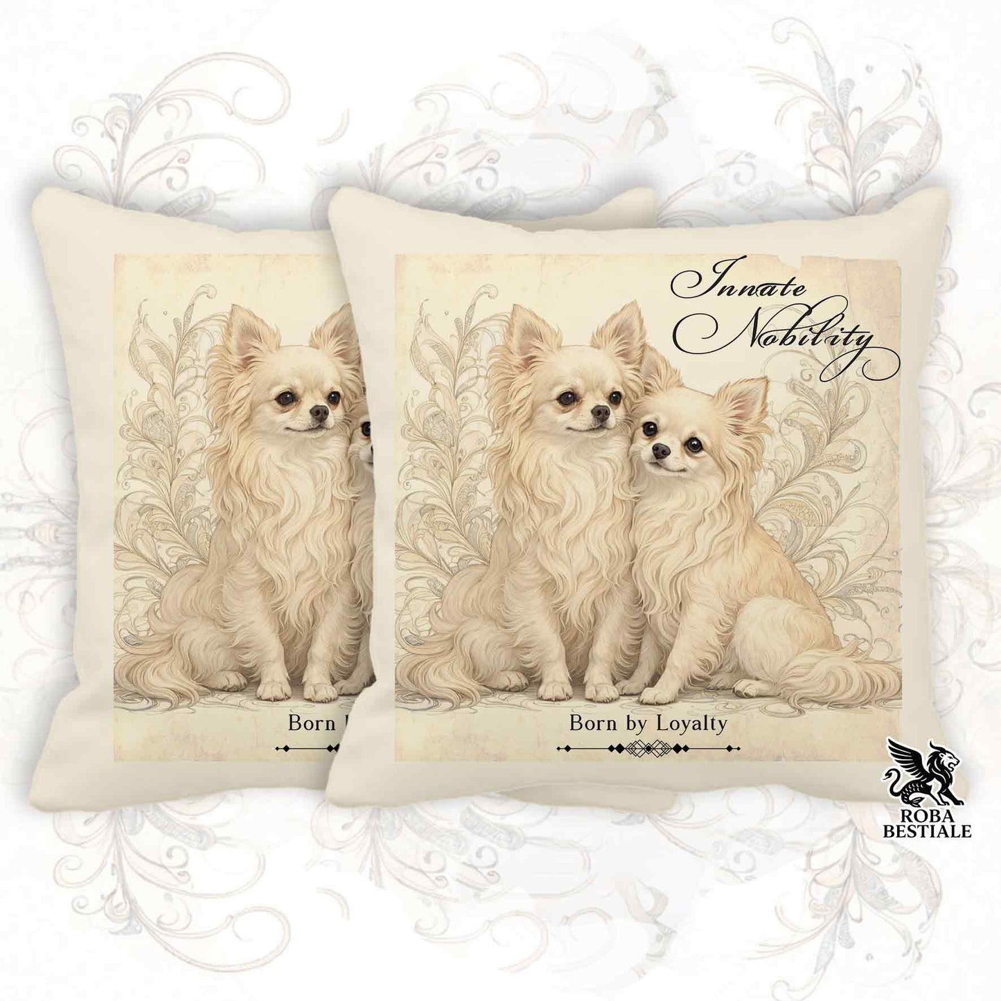 Cuscino NOBILITY - CHIHUAHUA a Pelo Lungo Crema - 100% Tela di Cotone - 40x40 cm
