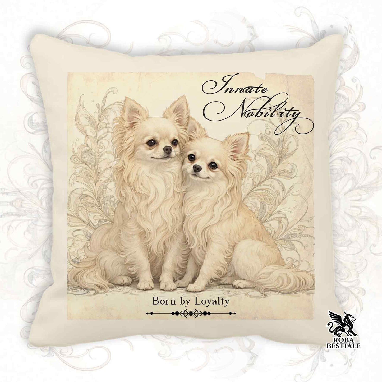 Cuscino NOBILITY - CHIHUAHUA a Pelo Lungo Crema - 100% Tela di Cotone - 40x40 cm
