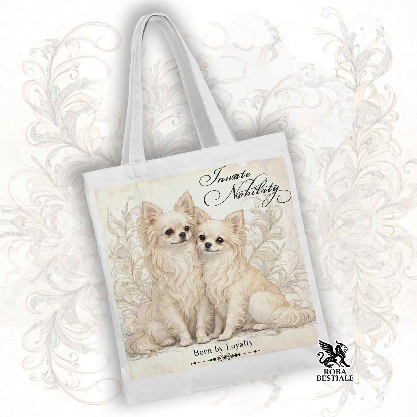 Tote Bag NOBILITY - CHIHUAHUA a Pelo Lungo Crema - 100% Cotone - Bianca o Beige