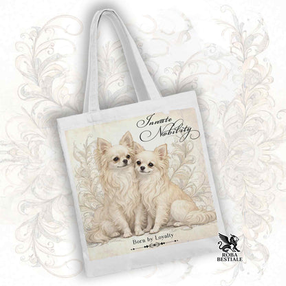 Tote Bag NOBILITY - CHIHUAHUA a Pelo Lungo Crema - 100% Cotone - Bianca o Beige