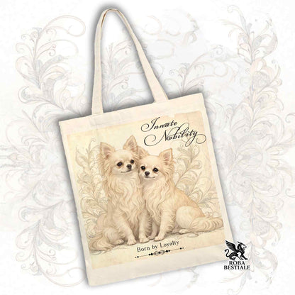 Tote Bag NOBILITY - CHIHUAHUA a Pelo Lungo Crema - 100% Cotone - Bianca o Beige