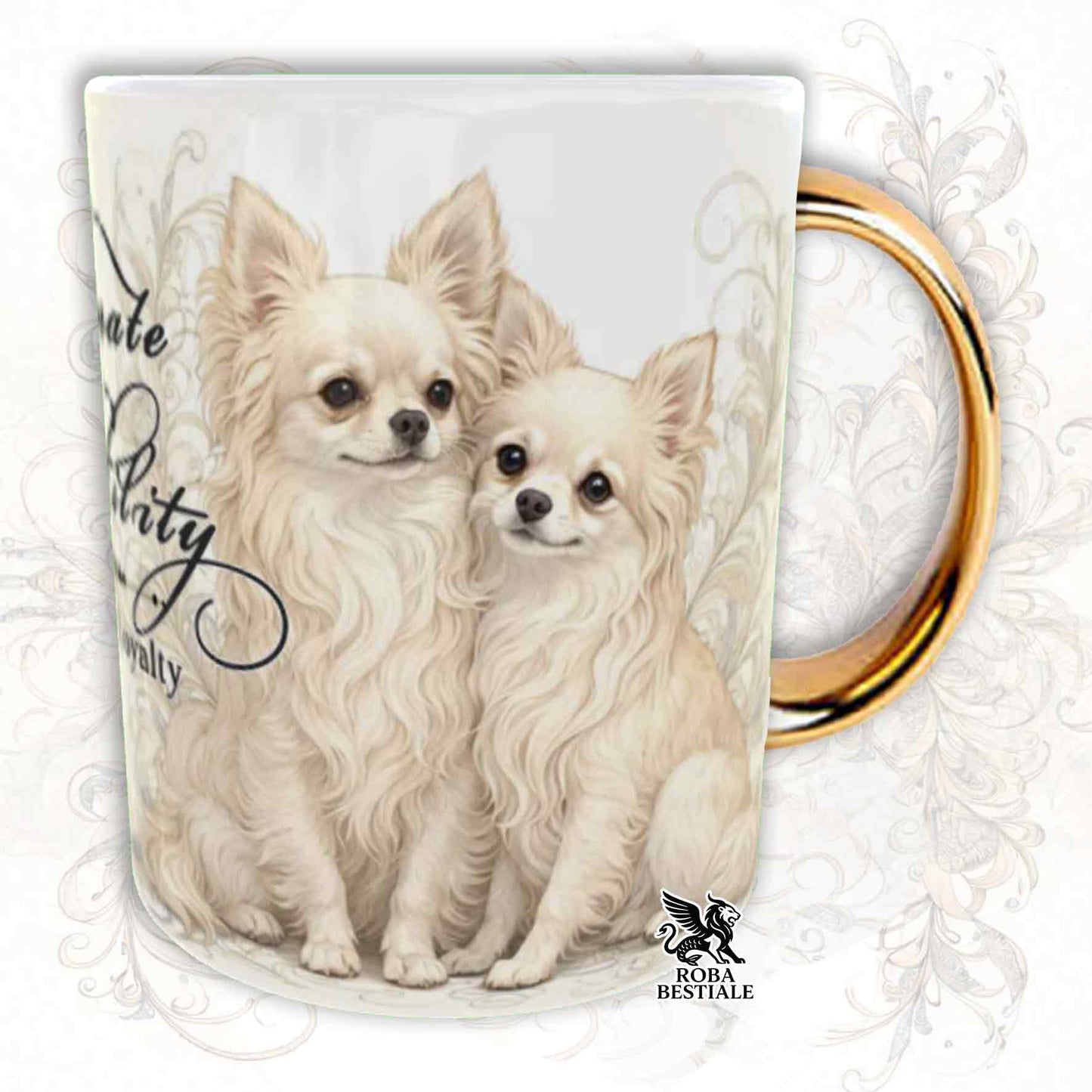Mug NOBILITY - Long-haired Cream CHIHUAHUA - GOLD Handle - 330 ml - Ceramic