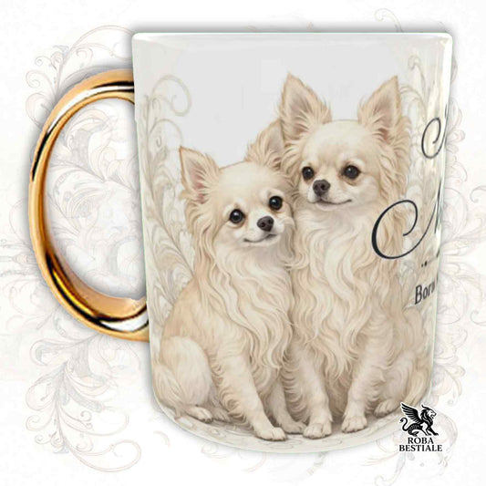 Tazza NOBILITY - CHIHUAHUA a Pelo Lungo Crema - Manico ORO - 330 ml - in Ceramica