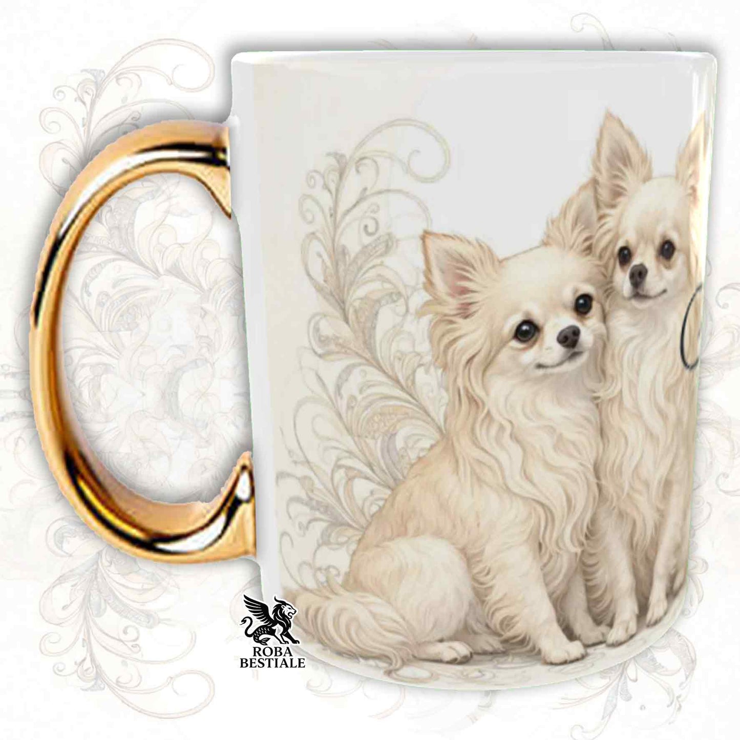 Mug NOBILITY - Long-haired Cream CHIHUAHUA - GOLD Handle - 330 ml - Ceramic