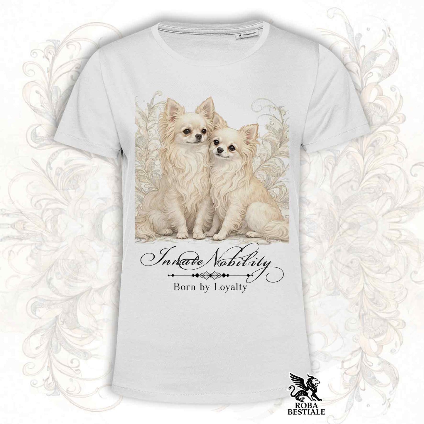 T-Shirt NOBILITY - CHIHUAHUA a Pelo Lungo Crema - Bianca o Beige, da Uomo o da Donna - dalla XS alla 5XL
