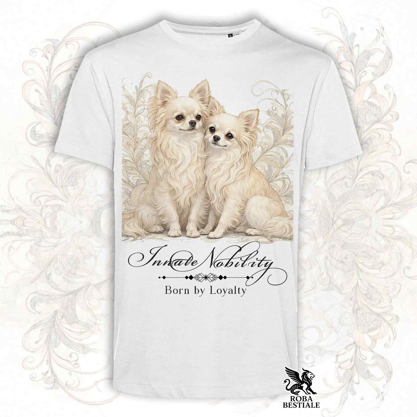 T-Shirt NOBILITY - CHIHUAHUA a Pelo Lungo Crema - Bianca o Beige, da Uomo o da Donna - dalla XS alla 5XL