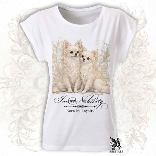 T-Shirt NOBILITY - CHIHUAHUA a Pelo Lungo Crema - Fashion Cut - Bianca, da Donna - dalla XS alla 5XL