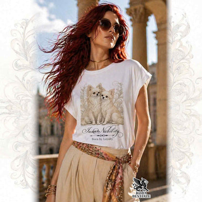 T-Shirt NOBILITY - CHIHUAHUA a Pelo Lungo Crema - Fashion Cut - Bianca, da Donna - dalla XS alla 5XL