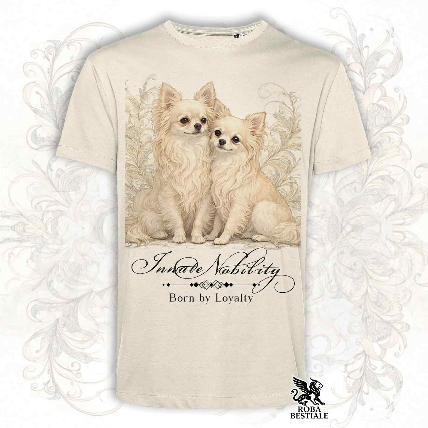 T-Shirt NOBILITY - CHIHUAHUA a Pelo Lungo Crema - Bianca o Beige, da Uomo o da Donna - dalla XS alla 5XL