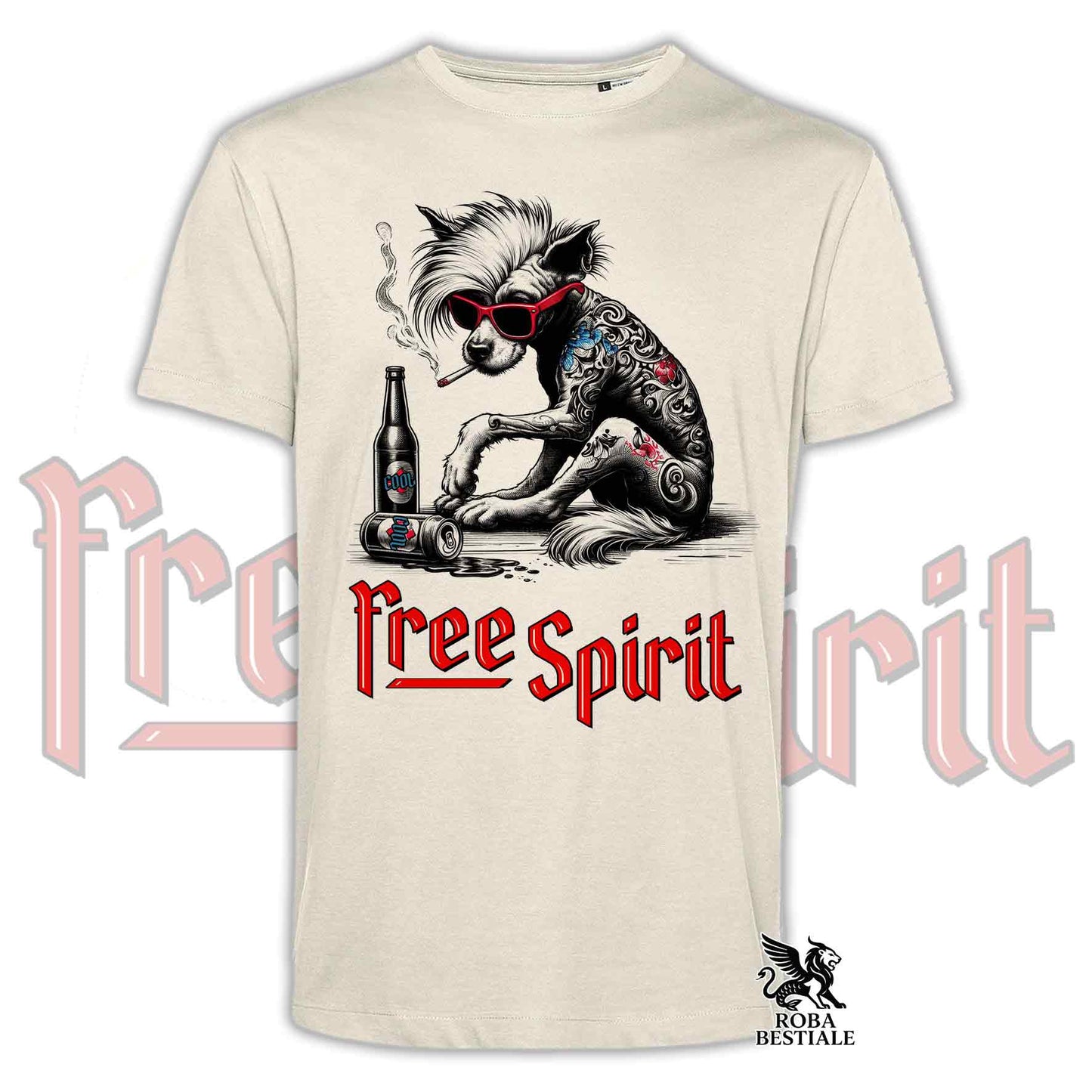 T-shirt FREE SPIRIT - CHIEN CHINOIS À CRÊTE Nu - Blanc ou Beige, Homme ou Femme - du XS au 5XL