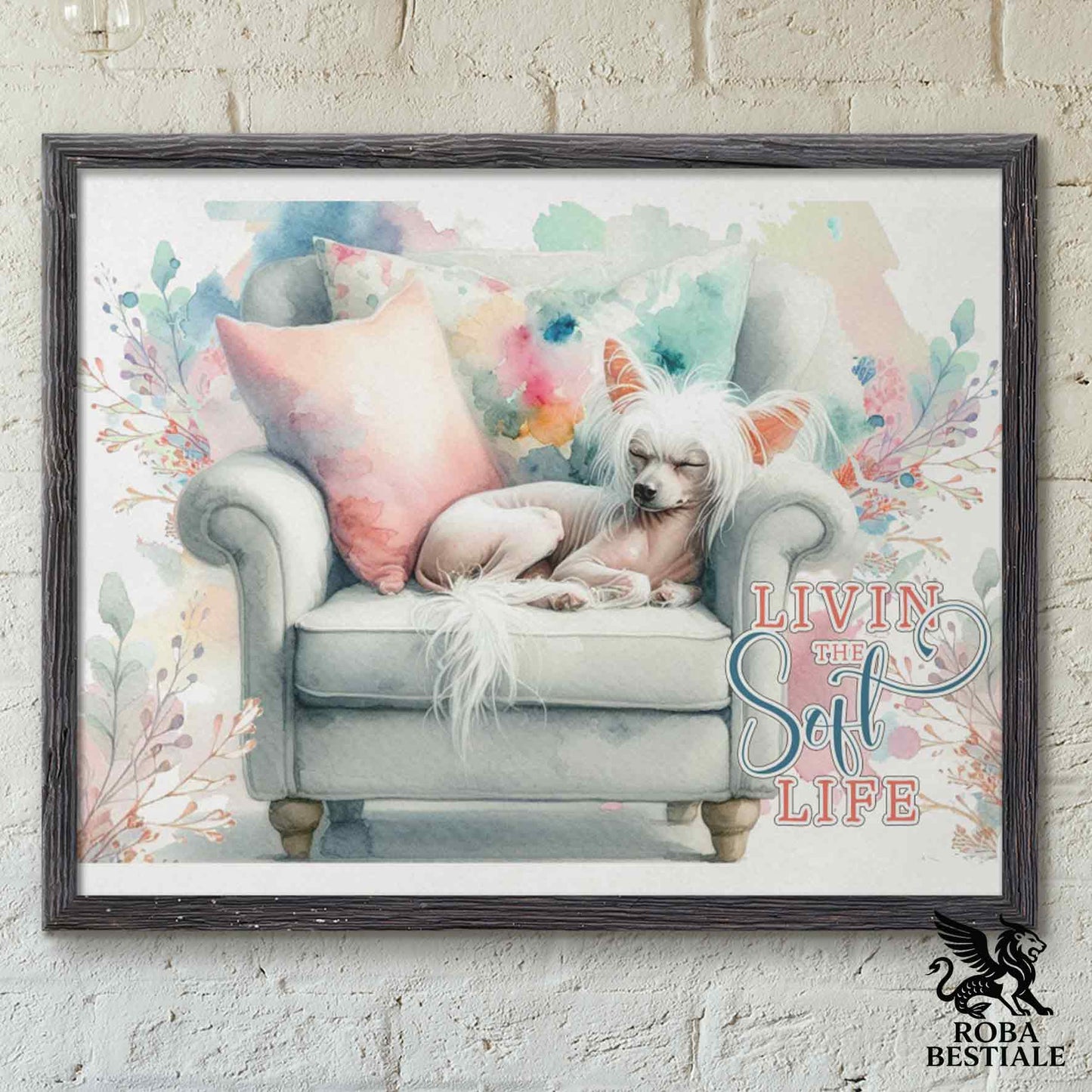 Quadretto SOFT LIFE - CHINESE CRESTED DOG Hairless Bianco - Con cornice in legno, formato A4