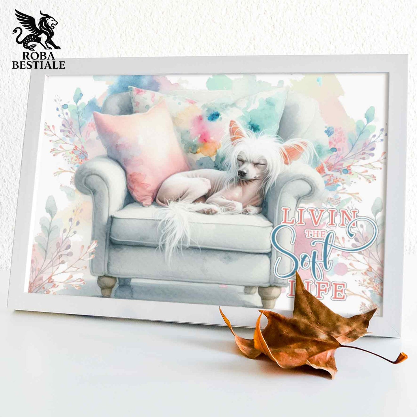 Quadretto SOFT LIFE - CHINESE CRESTED DOG Hairless Bianco - Con cornice in legno, formato A4