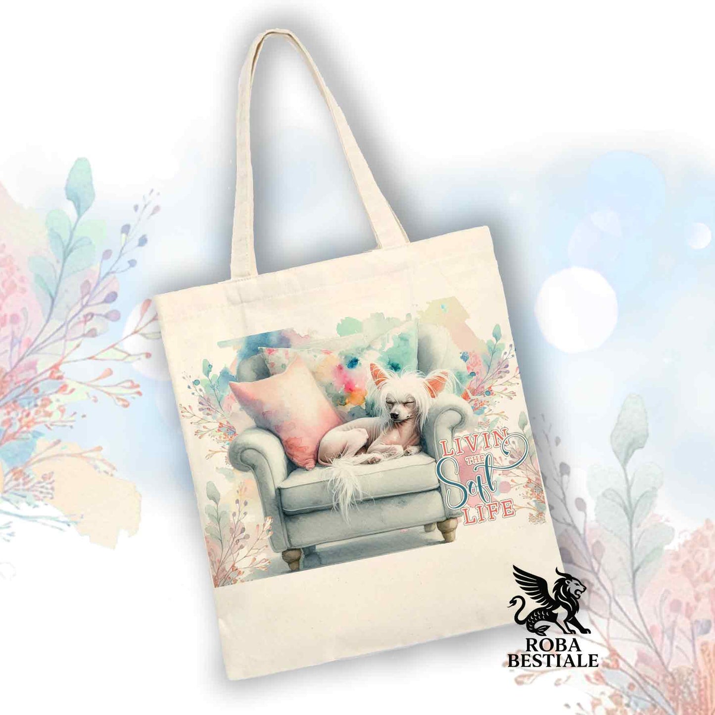 Tote Bag SOFT LIFE - CHINESE CRESTED DOG Hairless Bianco - 100% Cotone - Bianca o Beige
