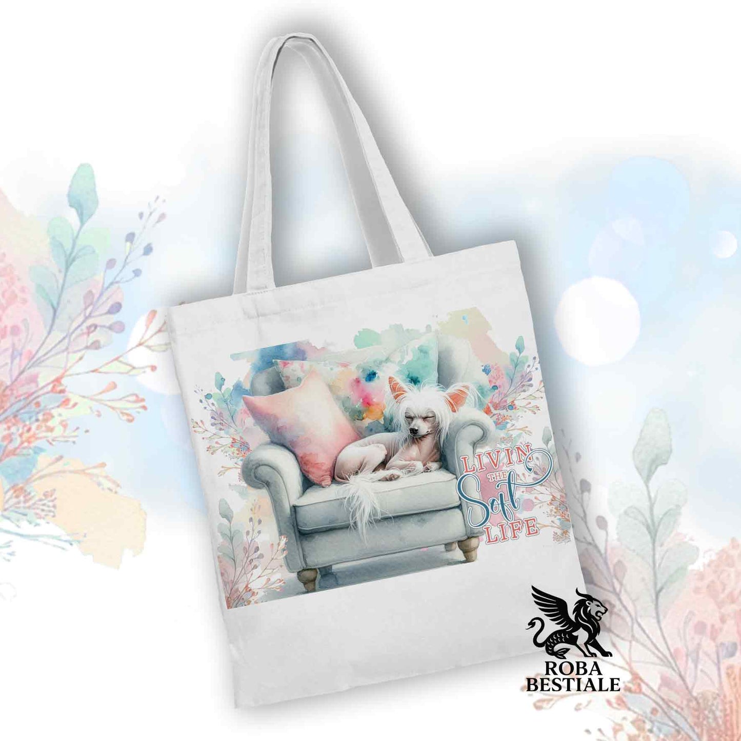 Tote Bag SOFT LIFE - CHINESE CRESTED DOG Hairless Bianco - 100% Cotone - Bianca o Beige