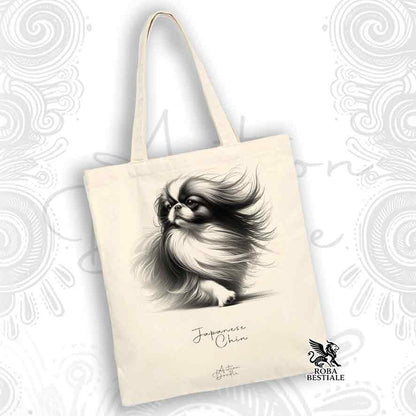 Tote Bag ACTION DOODLE - CHIN GIAPPONESE - 100% Cotone - Bianca o Beige