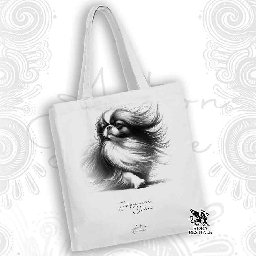 Tote Bag ACTION DOODLE - CHIN GIAPPONESE - 100% Cotone - Bianca o Beige