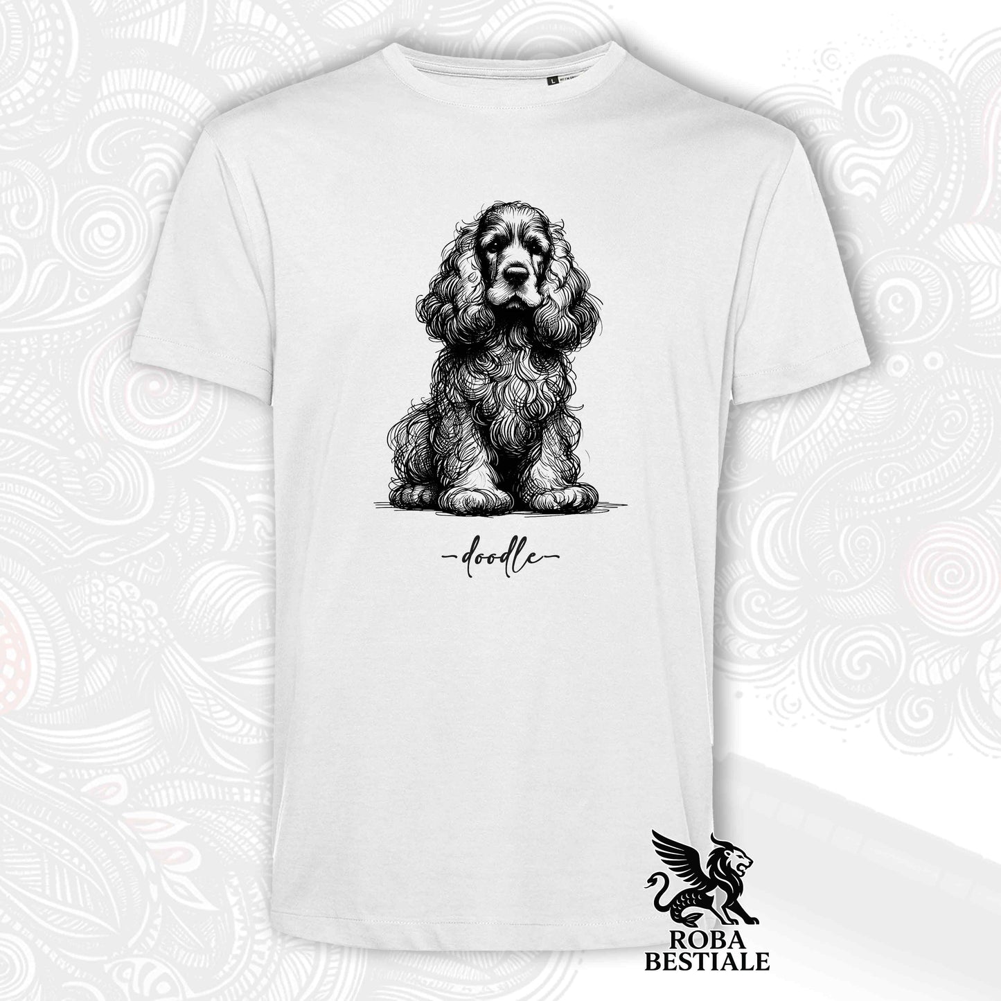 T-Shirt DOODLE - COCKER SPANIEL INGLESE - Bianca o Beige, da Uomo o da Donna - dalla XS alla 5XL