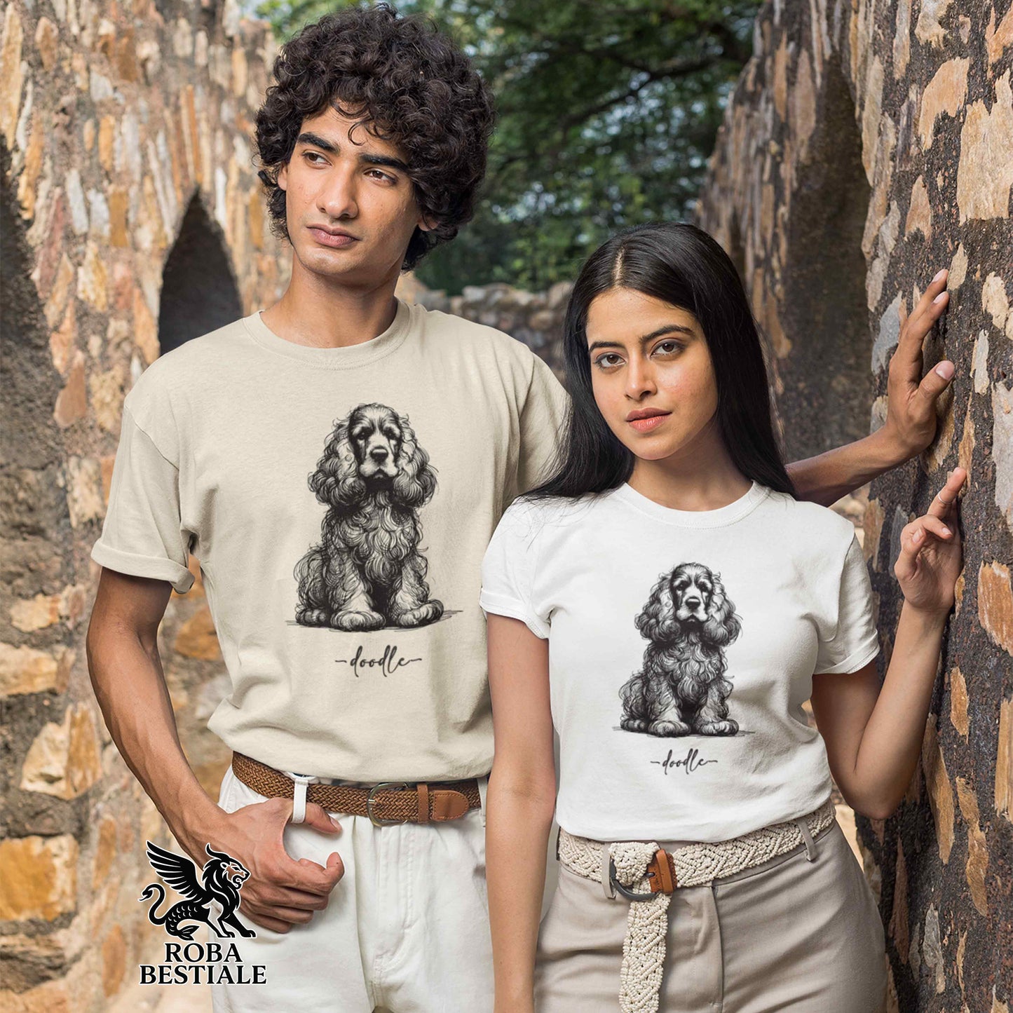 T-Shirt DOODLE - COCKER SPANIEL INGLESE - Bianca o Beige, da Uomo o da Donna - dalla XS alla 5XL