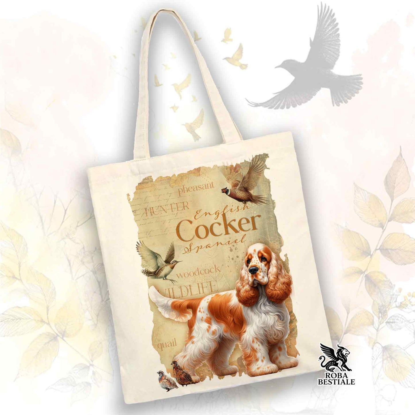Tote Bag FIELD LEGACY - COCKER SPANIEL INGLESE Arancio Roano - 100% Cotone - Bianca o Beige