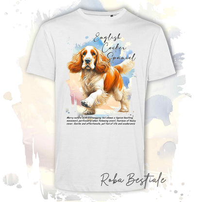 T-Shirt BEHAVIOR - COCKER SPANIEL INGLESE Arancio e Bianco - Standard FCI - 100% Cotone, Bianca, Uomo o Donna - dalla XS alla 5XL