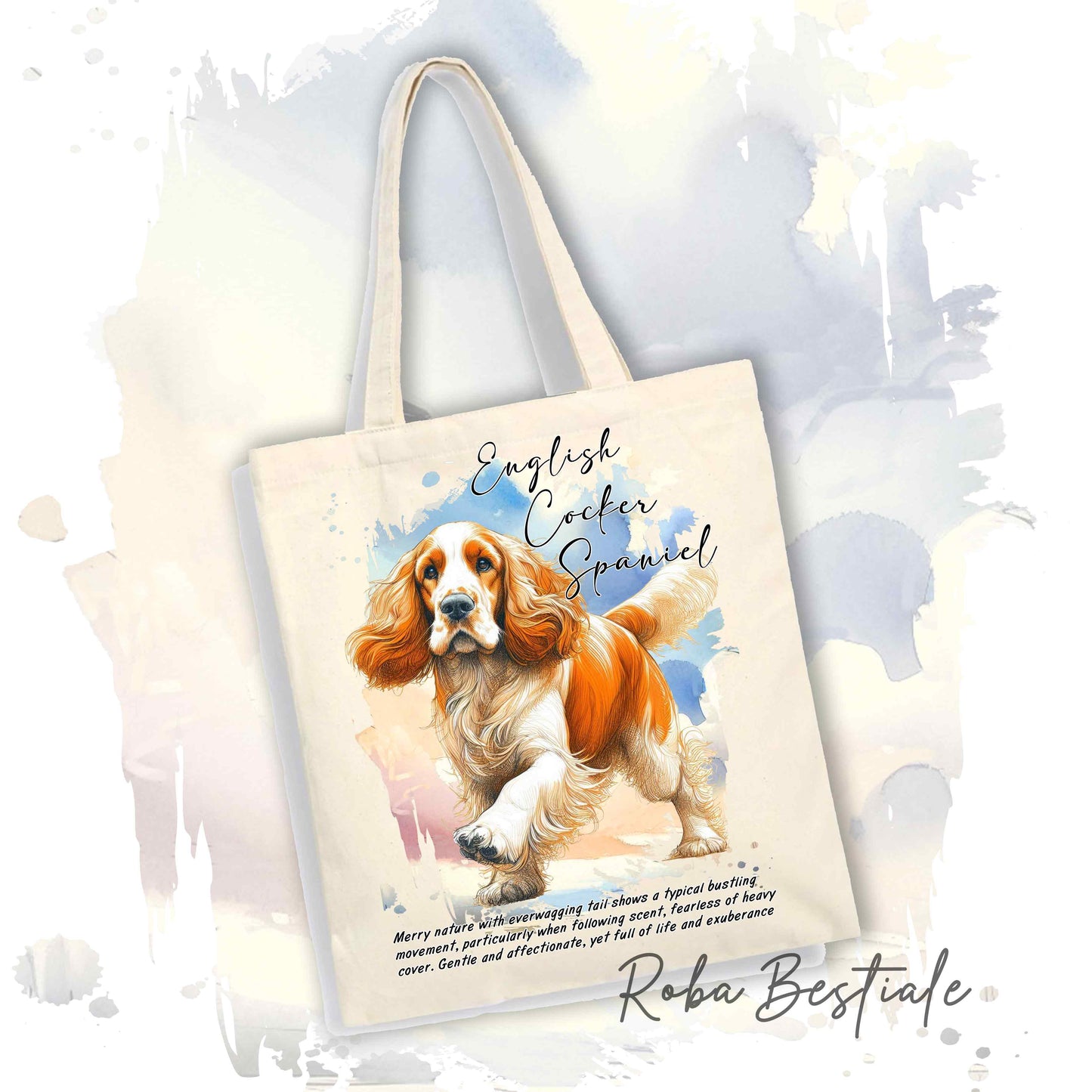 Shopper BEHAVIOR - COCKER SPANIEL INGLESE Arancio e Bianco - Diversi colori disponibili, 100% Cotone