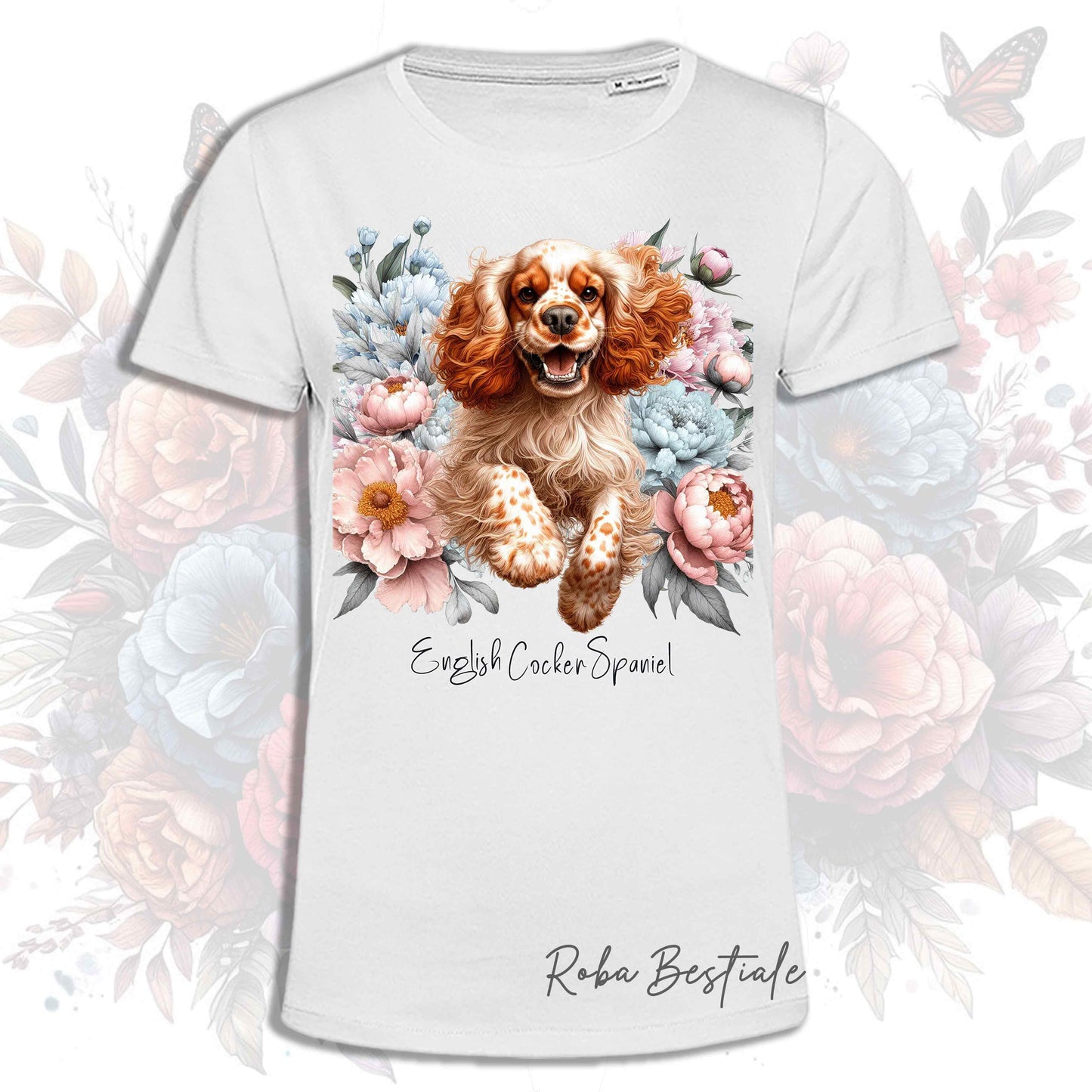 T-Shirt PEONY - COCKER SPANIEL INGLESE Arancione Roano - Bianca o Beige, Uomo o Donna, dalla XS alla 5XL