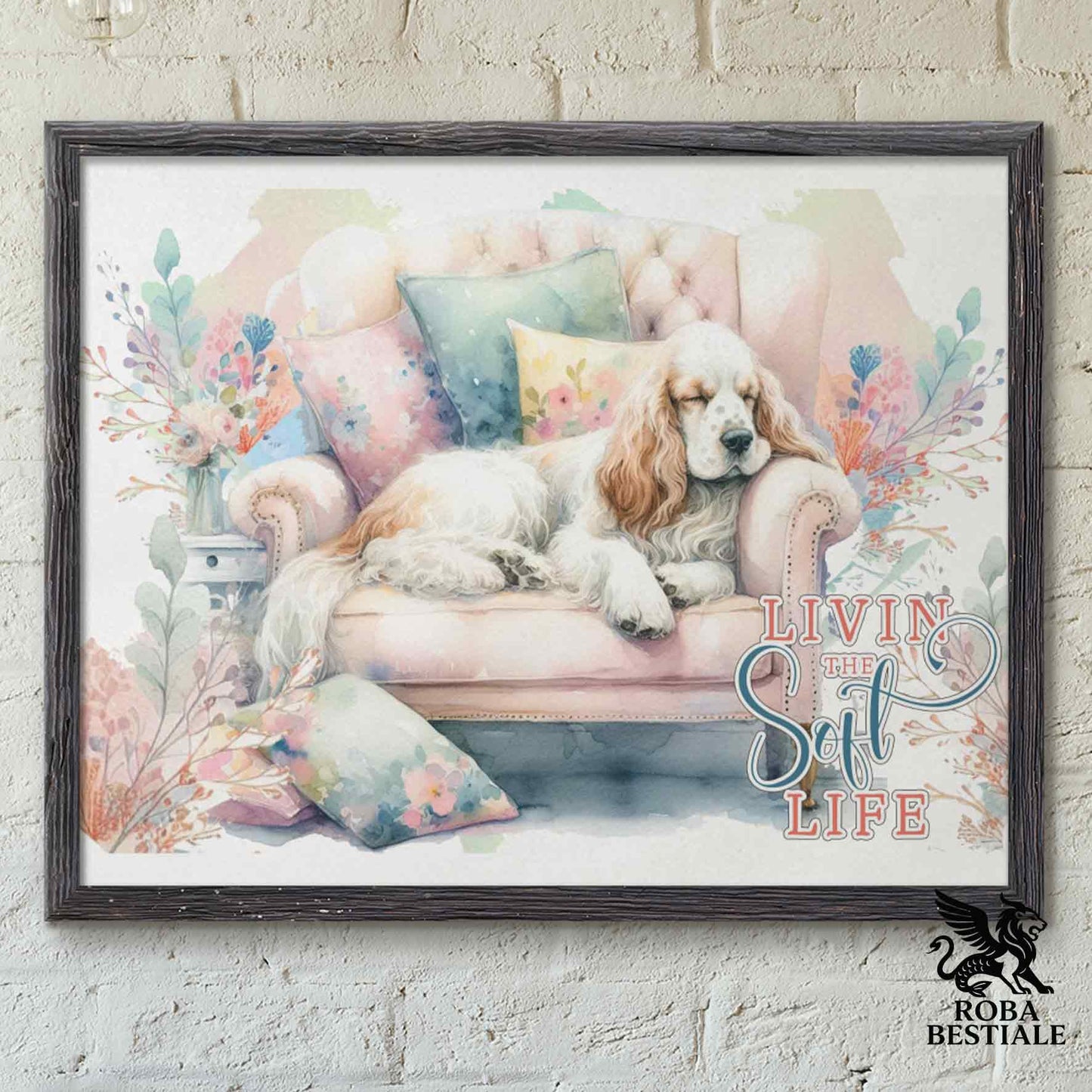 Quadretto SOFT LIFE - COCKER SPANIEL INGLESE Bianco e Arancio - Con cornice in legno, formato A4