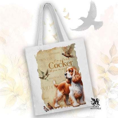 Tote Bag FIELD LEGACY - COCKER SPANIEL INGLESE Bianco e Arancio - 100% Cotone - Bianca o Beige