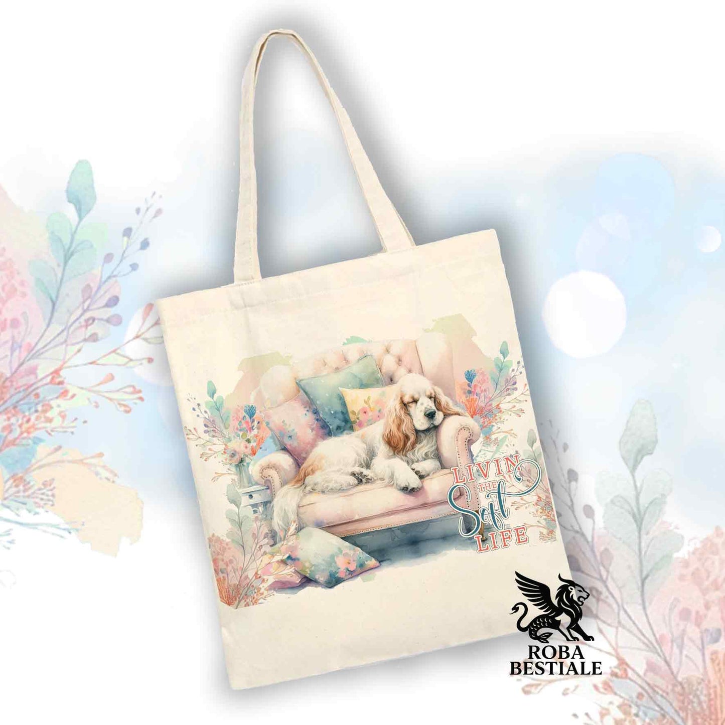 Tote Bag SOFT LIFE - COCKER SPANIEL INGLESE Bianco e Arancio - 100% Cotone - Bianca o Beige