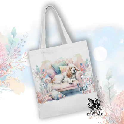 Tote Bag SOFT LIFE - COCKER SPANIEL INGLESE Bianco e Arancio - 100% Cotone - Bianca o Beige