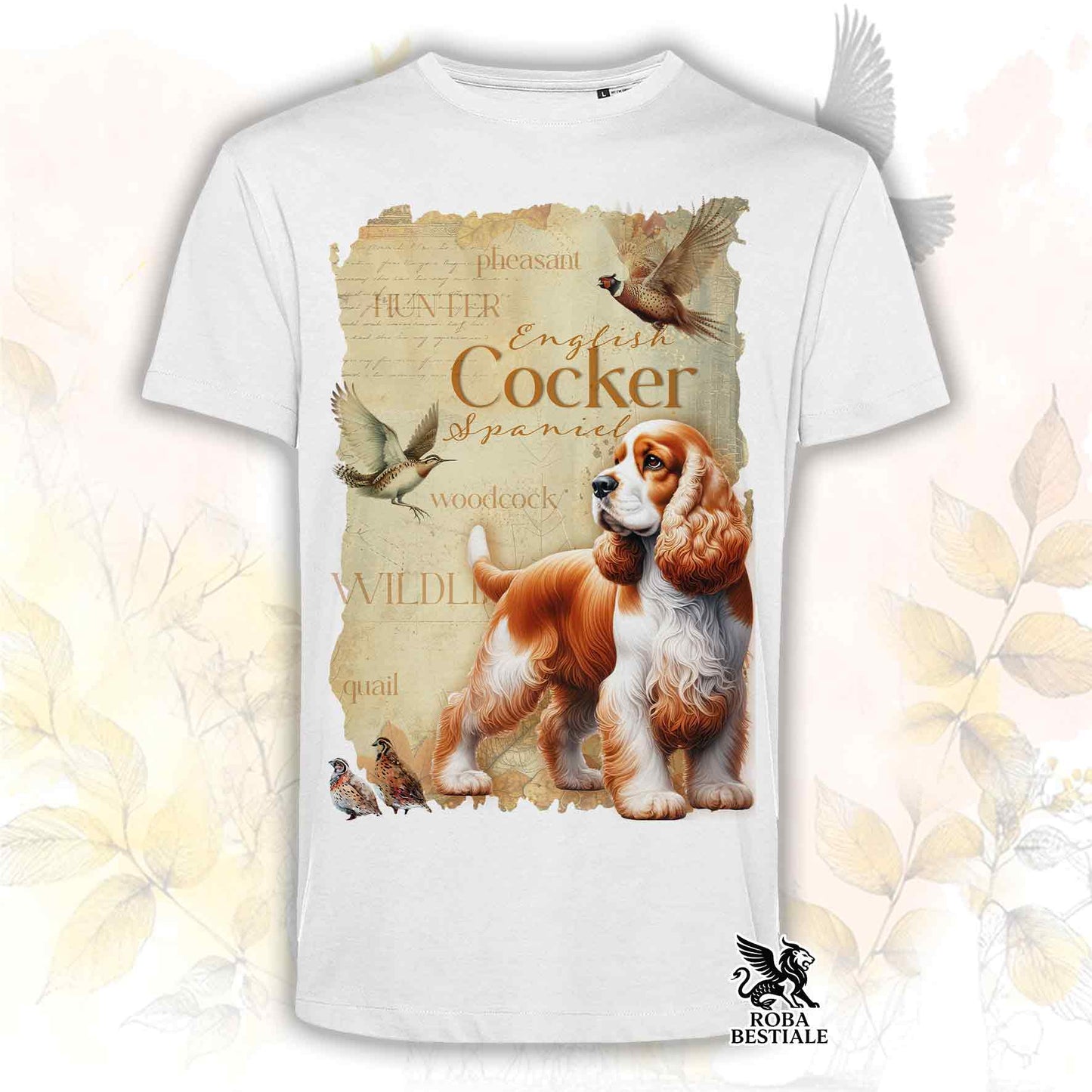 T-Shirt FIELD LEGACY - COCKER SPANIEL INGLESE Bianco e Arancio - Bianca o Beige, da Uomo o da Donna - dalla XS alla 5XL
